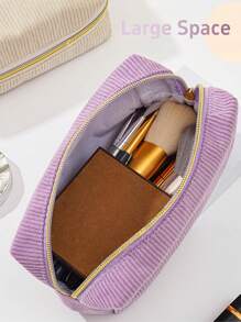 1 pieza El estuche de lápices de pana simple es fácil de llevar con gran capacidad, estuche de lápices para estudiantes/portátil de viaje/bolsa de almacenamiento de cosméticos para damas, de vuelta a la escuela