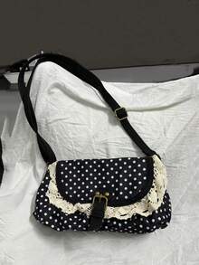 Túi xách chấm bi phong cách Hàn Quốc Back To School màu tương phản, thích hợp cho sinh viên đại học, túi đeo chéo, túi vải bố chấm bi cao cấp, túi đi học cho nữ - màu đen - Xem 9