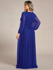 EVERPRETTY Plus Size Elegant Deep V-Neck Long Sleeve Blue Formal Evening Gown, Suitable For Weddings, Galas, Autumn/Winter/Spring - Royal Blue - View 3
