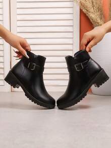 Women's PU Leather Ankle Boots With Rhinestone Buckle | Chunky Heel Side ZipperShort Booties For Fall Winter Casual & Dressy Outfits - Black - View 2