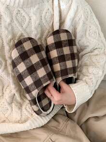 XIXITIAO 1双春夏格子图案拖鞋，男女通用静音室内平底拖鞋，复古情侣软底休闲拖鞋，透气四季家居鞋，闭趾经典室内平底拖鞋 - 棕色格子 - 查看 3