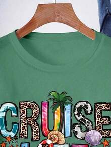 Women "Cruise Life" Summer Vibe Letter Print Short Sleeve Crew Neck T-Shirt-White And Navy Off-The-Shoulder Cropped Top ST Patrick' S Day - 橄欖綠 - 查看 3