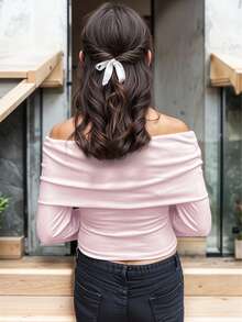 Blusa Casual Rib Rayada con Cuello Descubierto y Manga Larga para Mujer #167 - Rosa bebe - Ver 3