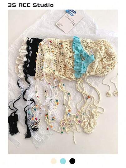 Vintage Star Knitted Hollow Out Beanie Hat, Handmade Crochet Boho Floral Tassel Headwrap Cap For Women, Spring Summer