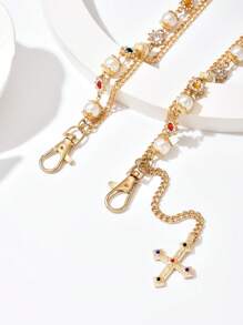 1pc Fashionable Hip-Hop Style Faux Pearl & Rhinestone Studded Colorful Cross Pendant Pants Chain, Suitable For Casual, Party, Daily Wear