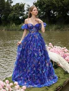 Faeriesty Luxe Luxury Cold Shoulder Floral Print Evening Gown With Puff Sleeves & High-Slit A-Line For Red Carpet Galas, Black-Tie Balls, Formal Dinners, Wedding Receptions