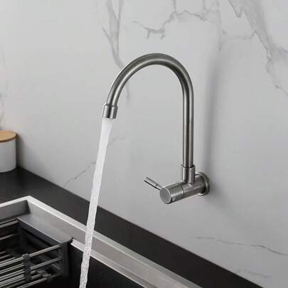 Stainless Steel Kitchen Faucet, Wall-Mounted Single Cold Water Sink Faucet, Suitable For Simple Installation In Home Kitchen, Washing Machine, And Public Facility Sinks Kitchen Items Kitchen Accessories Kitchen Tools