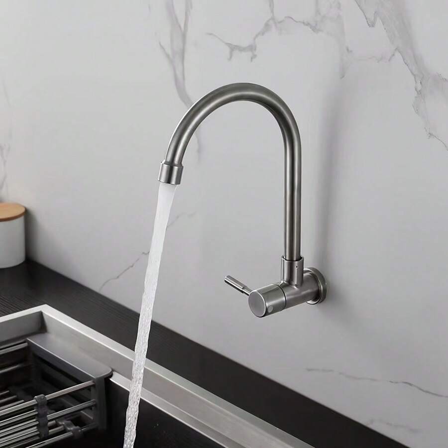 Stainless Steel Kitchen Faucet, Wall-Mounted Single Cold Water Sink Faucet, Suitable For Simple Installation In Home Kitchen, Washing Machine, And Public Facility Sinks Kitchen Items Kitchen Accessories Kitchen Tools - Silver - View 1