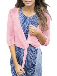Women's Tie Front Shrug 3/4 Sleeve Bolero Sheer Knotted Lightweight Cardigan Sweaters Short Shawl Tops - 淺粉色 - 查看 4