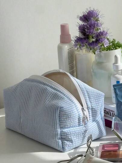 1pc Large Stripe Pattern Fluffy Soft Women's Cosmetic Bag Travel Zipper Makeup Bag Storage Bag Cute Plaid Toiletry Bag Back To School Supplies