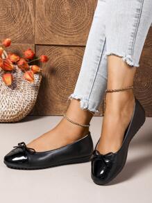 1 par de zapatos planos de moda para mujer, zapatos planos elegantes con lazo en color block y parche, zapatos planos redondos casuales de color negro, transpirables y cómodos, tipo ballet slip-on, adecuados para uso diario en todas las estaciones