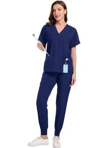 Conjunto De Uniforme Clínico Quirúrgico De Dos Piezas Con Manga Corta, Cuello En V y Bolsillos Funcionales Para Uso Profesional En Tela De Poliéster y Spandex - Azul Marino - Ver 1