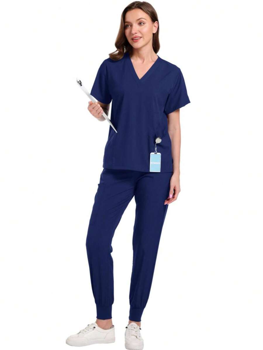 Conjunto De Uniforme Clínico Quirúrgico De Dos Piezas Con Manga Corta, Cuello En V y Bolsillos Funcionales Para Uso Profesional En Tela De Poliéster y Spandex - Azul Marino - Ver 1
