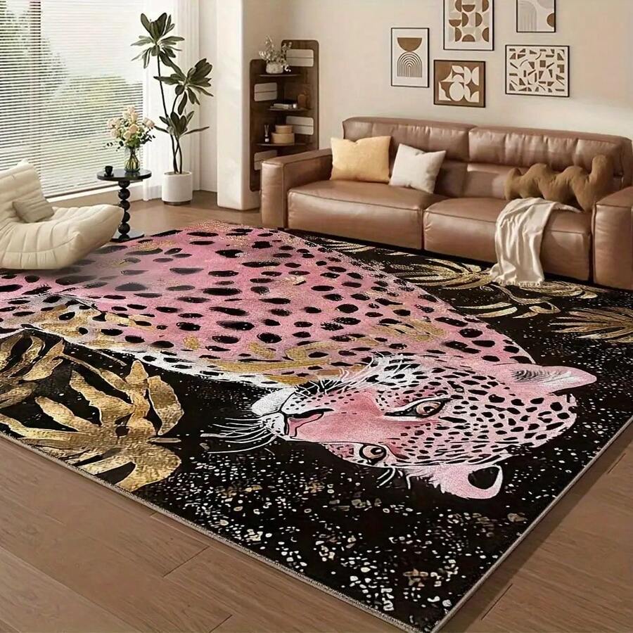 Luxurious Leopard Print Area Rug - Pink And Black Design With Gold Accents, Machine Washable, Suitable For Living Room, Office, Or Garden Decoration, Large Area Rug - Nhiều màu - Xem 1