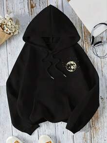 Thanksgiving Outfit Women Moon Print Kangaroo Pocket Hoodie, Casual Long Sleeve Drawstring Hooded Sweatshirt For Fall & Winter, Women's Clothing Winter Clothes For Women - 黑色 - 查看 3