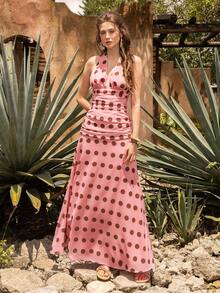 Faeriesty BohoBloom Women's Backless Polka Dot Dress, Adjustable Tie-Back, Ruched Waist Design - Bohemian Beach Vacation, Casual Outing, Garden Party, Summer Outfit | Women's Clothing - Pink - View 3