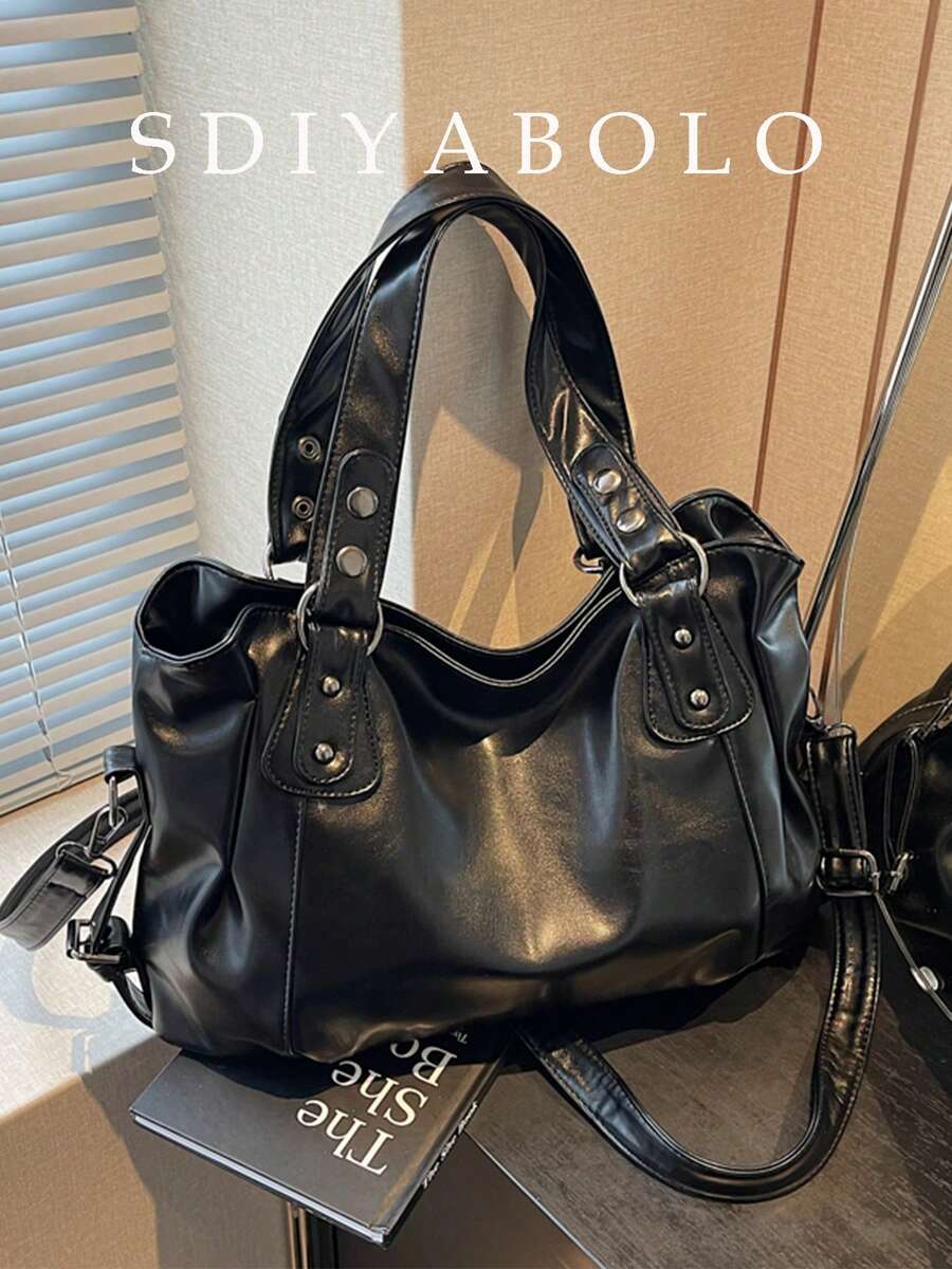 复古大容量手提包+单肩包+钱包套装，复古PU皮革休闲托特包，女士款 - 黑色 - 查看 1