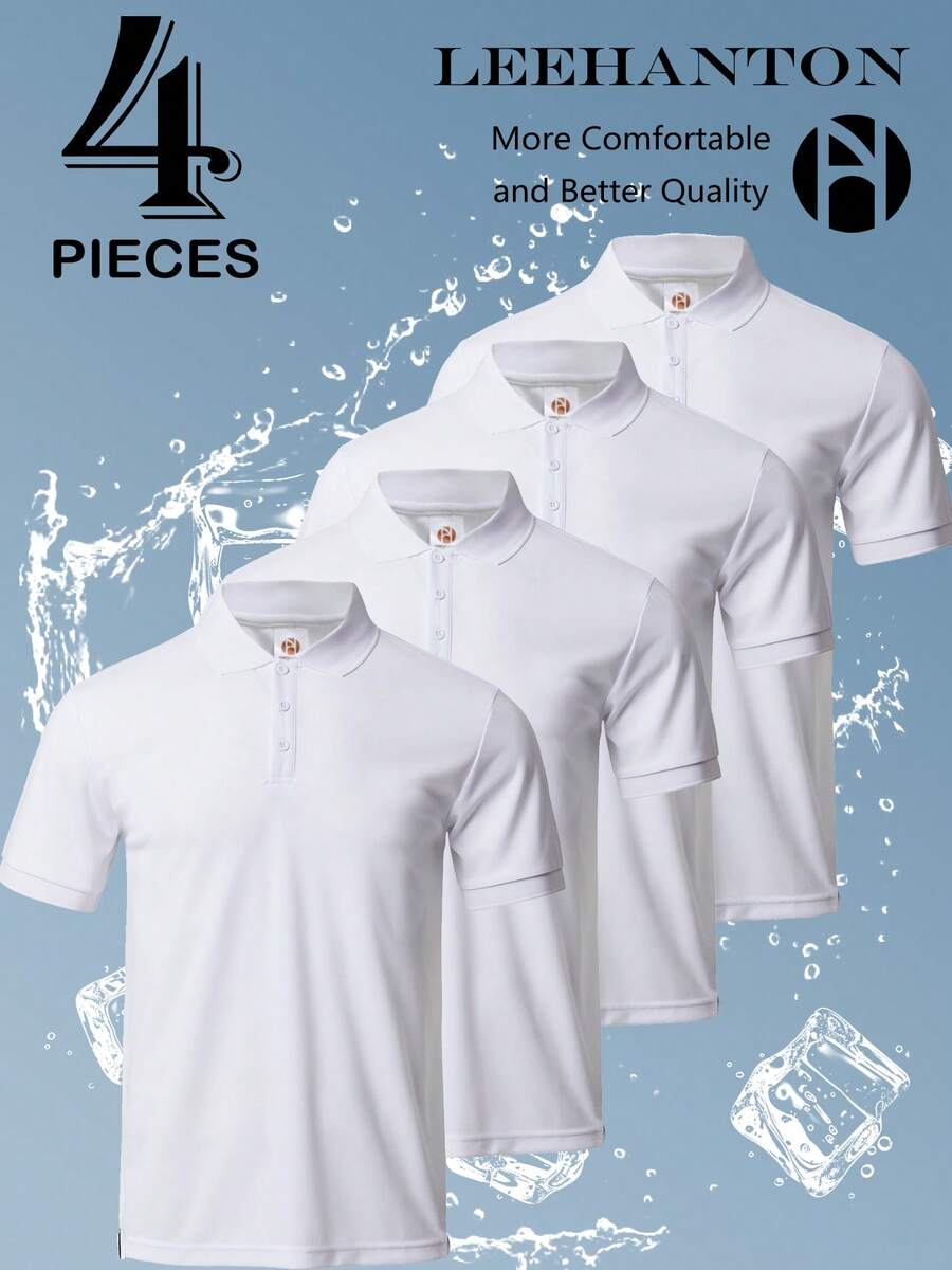 Polos para hombre (4 piezas), de secado rápido, de 3 botones | Manga corta, dobladillo acanalado y cuello de punto transpirable para un estilo deportivo e informal. - 4 Blanco - Ver 1