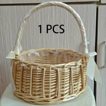 1 包花童篮，手工柳条藤条篮，带手柄丝带，装饰性鸡蛋糖果篮，适合礼物、婚礼、露营、家居装饰