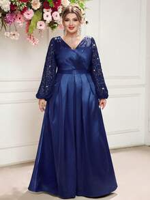 Plus Size V Neck Ruched Sequin Floral Lace Lantern Sleeve Contrast Satin Formal Party Maxi Dress, Wedding Guest Dress, Elegant Prom Dress - Navy Blue - View 7