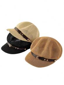 Sombrero octogonal de cuero transpirable con hebilla, sombrero de paja tejido clásico para hombres, sombrero de pintor versátil y casual con protección solar - Caqui - Ver 6