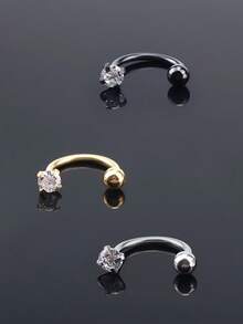 2pcs C-Shape Zirconia Studded Lip Ring, Horseshoe Ring, Nose Septum, Earrings, 16G Stainless Steel Piercing Jewelry, Suitable For Daily Wear