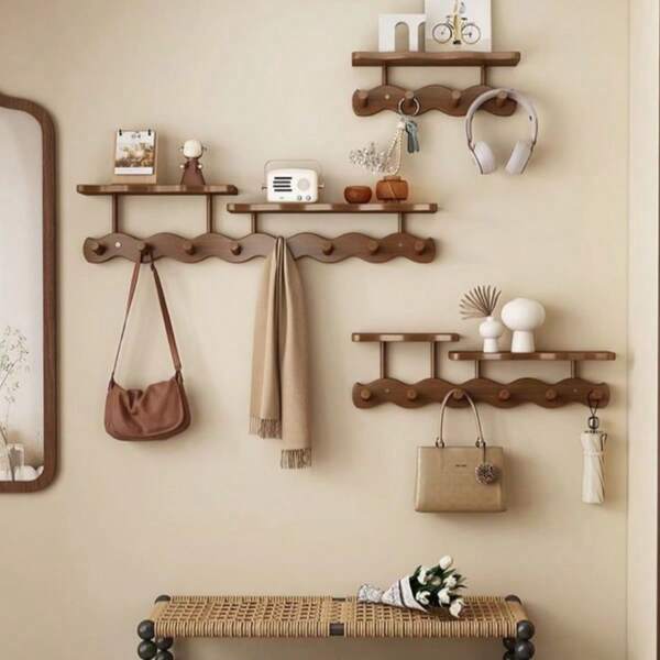 Eingangsbereich Heilender Begleiter! Massivholz Haken Regal, Walnussfarbe + Wellendesign, atemberaubende Optik ~ Taschen, Schals aufhängen, kleine Gegenstände (Kalender, Lautsprecher) auf der oberen Ebene platzieren, Eingangsbereich, Schlafzimmer, Verwendung natürlicher Textur um den Lebenssinn zu verstärken