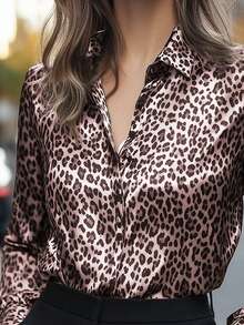 女士优雅豹纹长袖露肩正式衬衫，休闲商务衬衫，基础款上衣，适合通勤，秋冬季穿着 - 粉色 - 查看 5