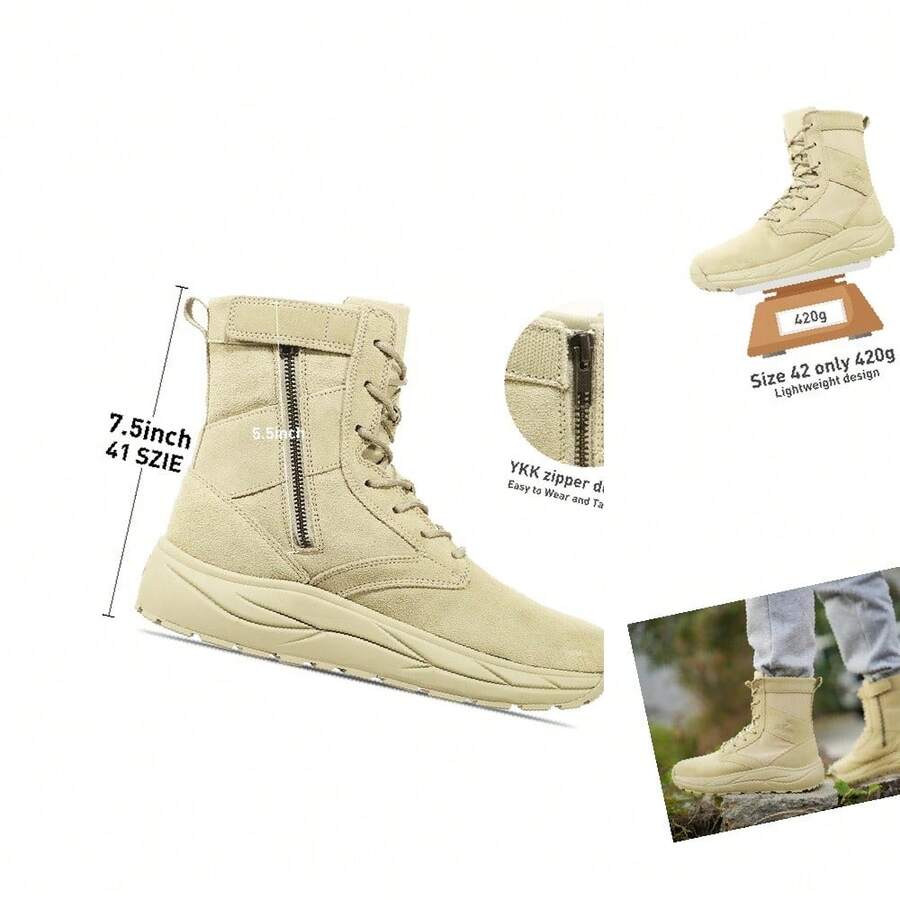 Unisex Adult Leather Tactical Boots With Rubber Sole, Side Zipper, Lightweight For Outdoor Hiking - Multicolor - View 1