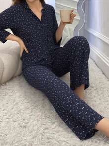 Set conjunto dama mujer blusa manga larga cuello camisero botones frontales pantalón recto pretina elástica bolsillos laterales fluida casa descanso primavera otoño invierno - Azul Marino - Ver 1