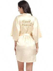 Damen Satin Kimono Braut Badmantel mit Goldenem Glitzer, Gürtel für Hochzeit Party, Brauttag Morgenmantel