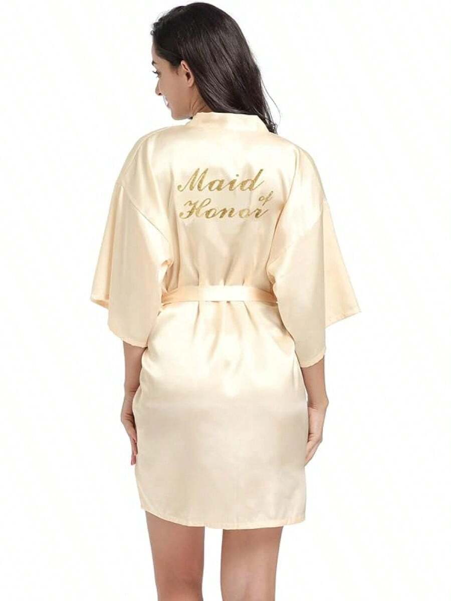 Damen Satin Kimono Braut Badmantel mit Goldenem Glitzer, Gürtel für Hochzeit Party, Brauttag Morgenmantel