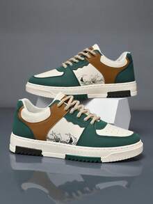 Men's Fashionable Skateboard Shoes, Color Block Design With Wave Pattern, Lace-Up, Non-Slip And Durable, Comfortable For Outdoor, Campus, Street Running, Travel In All Seasons Valentine's Day Ideas