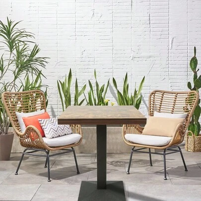 Table à manger, carrée, à un pied, de style européen, pour 4 personnes, en fer et planches de bois, table de cuisine, table à manger, table de salon, table de bar 60 * 60 * 75 cm