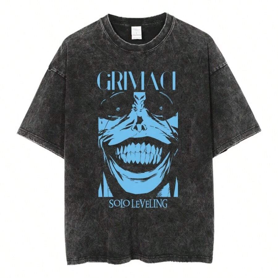 Anime Solo Leveling Oversized Tshirts For Men Gym Vintage Heavyweight T Shirts Cotton Workout Acid Wash Baggy Tees Unisex - 黑色 - 查看 1