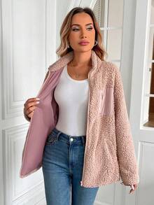 Giacca casual con zip, in colore unito, manica lunga, in pile, calda, invernale - Rosa Baby - Visualizzare 3