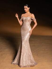 Faeriesty Vestido de noche elegante y glamoroso con un hombro, lentejuelas y abertura alta con bajo de sirena - Perfecto para galas, bodas, alfombra roja, banquetes formales y eventos de etiqueta negra para mujeres