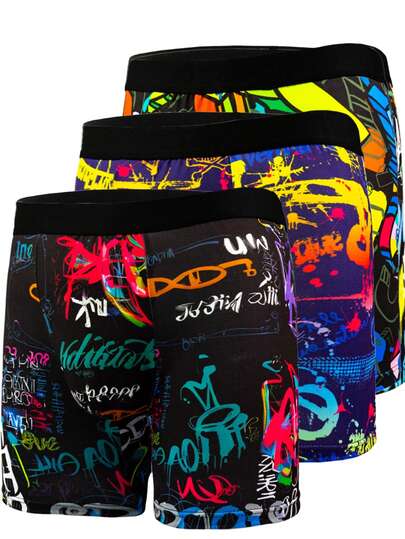 3 piezas Bóxer largos de moda con estampado para hombres, pantalones cortos de natación tipo bóxer largos cómodos y transpirables de alta elasticidad con estilo de graffiti, pantalones cortos deportivos, ropa interior novedosa para hombres, pantalones cortos de ciclismo