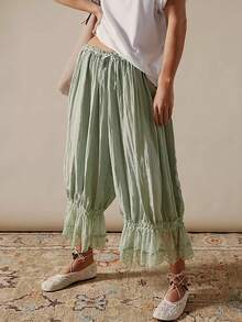 Women Lace Trim Long Bloomers Y2k Elastic Mid Rise Ruffle Victorian Pantaloons Cropped Flared Slips Pants Pumpkin Pants - Mint Green - View 2