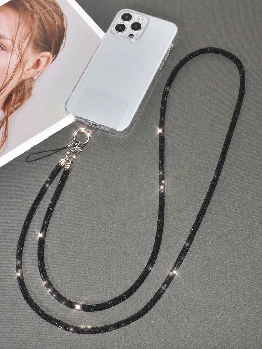 Luxury High-End Black Crystal Rhinestone Phone Crossbody Chain, Fashionable Phone Case Lanyard, Shiny Bag Strap, Double Buckle Design, Suitable For Women