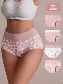 4pcs/Pack Women's Soft & Comfortable Heart Print Plus Size High Waist Briefs