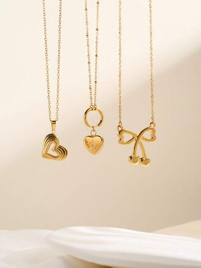 1 件 Y2K 别致 18K 镀金不锈钢 3D 人字形心形、闪亮锆石八角星心形、樱桃心形蝴蝶结吊坠项链、防过敏锁骨链，适合女性、情侣、礼物、日常和度假分层佩戴