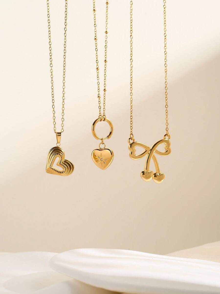 1 件 Y2K 别致 18K 镀金不锈钢 3D 人字形心形、闪亮锆石八角星心形、樱桃心形蝴蝶结吊坠项链、防过敏锁骨链，适合女性、情侣、礼物、日常和度假分层佩戴 - 金色 - 查看 1