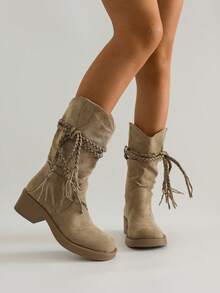 SRSOO Women's Thick Sole Retro Knight Boots, 2025 Autumn New Suede Fringe Rope Chunky Heel Mid-Calf Boots - Khaki - View 4