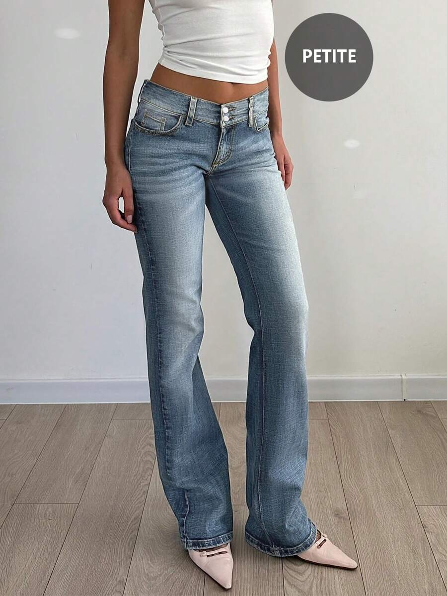 Y2K Style High Waist Button Slim Fit Washed Skinny Jeans With Pockets, Suitable For Back To School, Commuting And Casual Wear - Light Wash - View 1