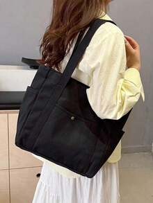 Upgrade Women's Multi-Pocket Canvas Tote Bag, Large Capacity, Reusable, Canvas Tote Bag, Suitable For Daily Use And Travel, Student Handbag, Multi-Compartment Design, Ideal For Beach Use , Beach Bag - 黑色 - 查看 2