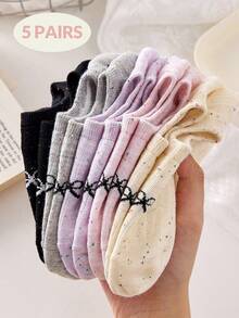 5 Pairs Women's Sweet Bow Pattern Simple Boat Socks Invisible Socks Ankle Socks, Moisture Wicking, Casual Comfortable Dot Yarn Socks, Suitable For Spring&Summer&Fall, For Daily Wear And Outings - Multicolor - View 7