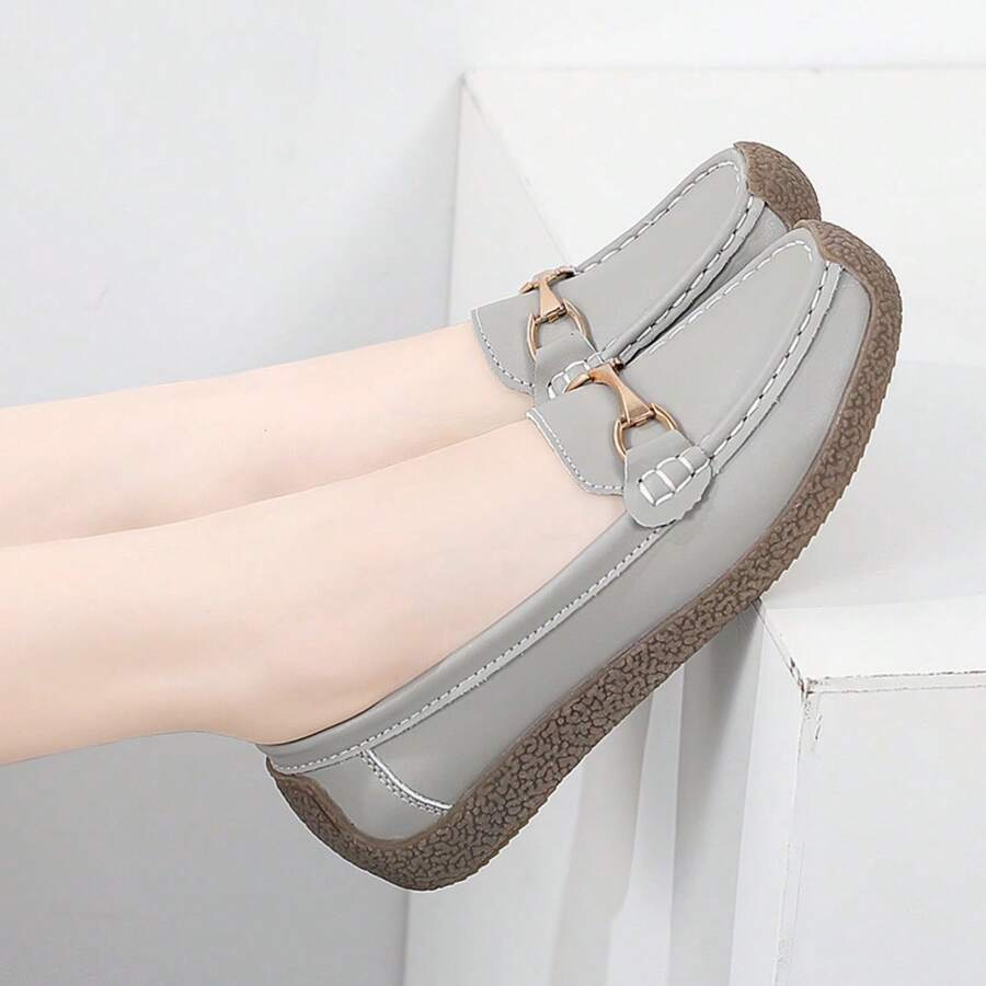 Women's Rubber Sole Loafers, Spring/Autumn New Flat Slip-On Shoes With Metal Buckle, Comfortable Casual Mom Shoes