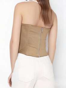 Chaleco de verano para mujer, sin mangas, con cuello halter, espalda abierta, cruzado y vendaje - Caqui - Ver 4