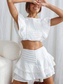 Women' S Ruffle Sleeve Top Mini Shorts Solid/ Floral 2 Piece Set, Summer Cute Casual Outfit For Beach, Date, Vacation - White - View 3